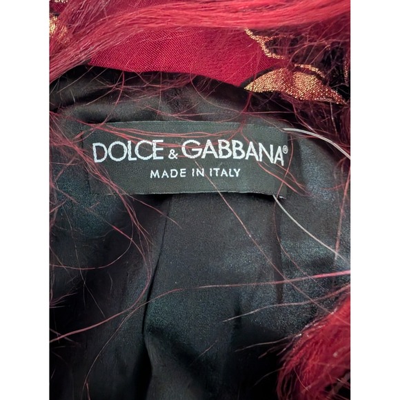 NWT Dolce‎ & Gabbana Red Brocade Coat with Feather Collar Made in Italy Size 38 - Picture 7 of 14